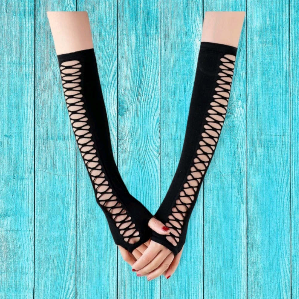 One size fingerless lace up style gloves goth, cosplay
